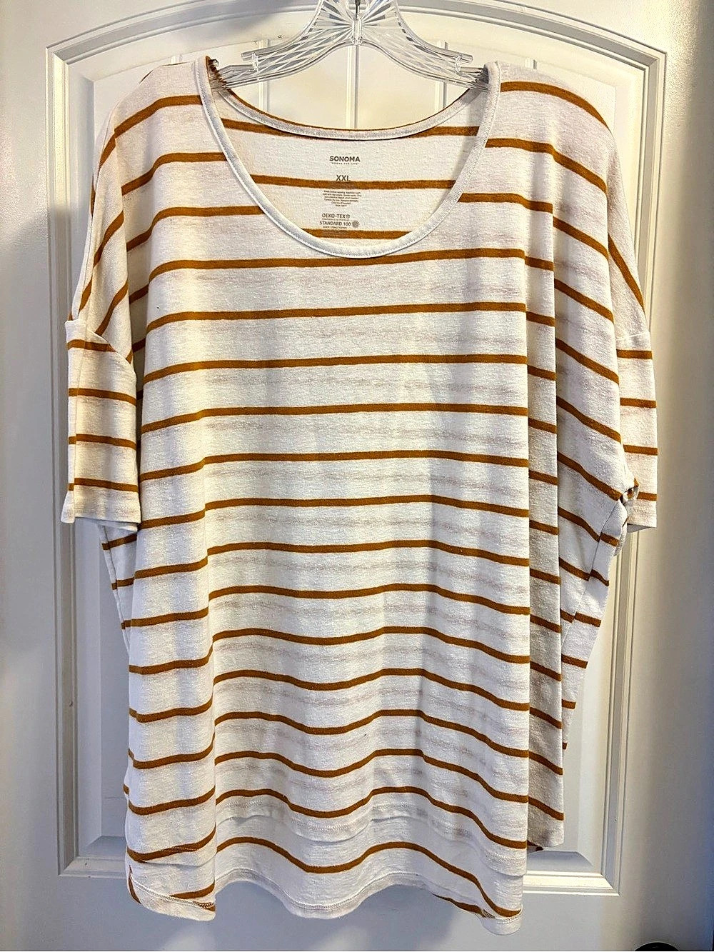 Sonoma Striped Short Sleeve Top in White & Brown XXL Like New